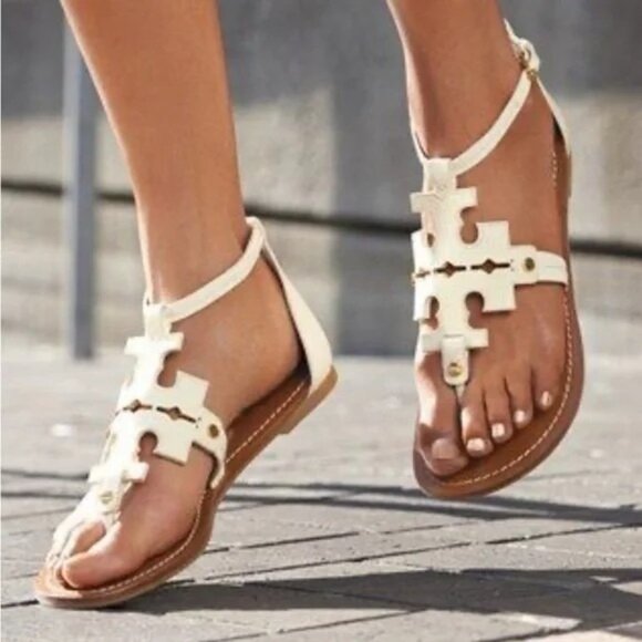 Tory Burch Phoebe Logo Thong Leather Flat Sandal in Ivory - Size 9M - Picture 2 of 9